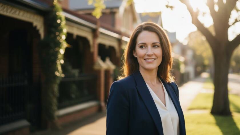 An inspiring and dramatic portrait showcasing a successful professional in Canterbury Victoria. The 'epic moment' headshot for career advancement captures a confident individual against a blurred, elegant Canterbury streetscape at golden hour, with soft, directional light highlighting their determined expression and warm, inviting smile, professionally colour graded.