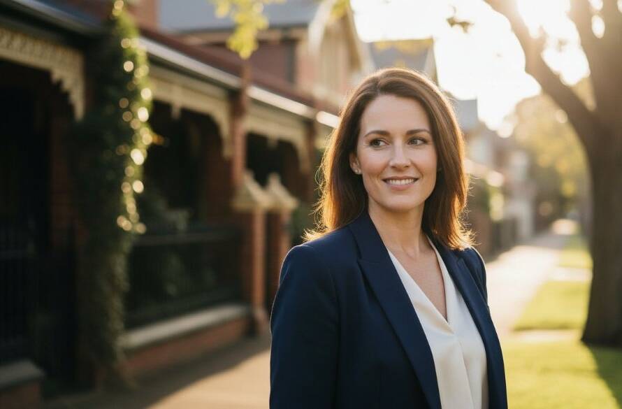 An inspiring and dramatic portrait showcasing a successful professional in Canterbury Victoria. The 'epic moment' headshot for career advancement captures a confident individual against a blurred, elegant Canterbury streetscape at golden hour, with soft, directional light highlighting their determined expression and warm, inviting smile, professionally colour graded.