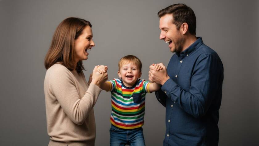 An emotionally charged, professional studio photograph capturing a family's joyous laughter during a Canterbury Victoria professional studio photography for vibrant family portraits session. A young child is playfully lifted high by their parents against a softly lit backdrop, all beaming with authentic smiles, showcasing love and connection in a cinematic, colour-graded style.