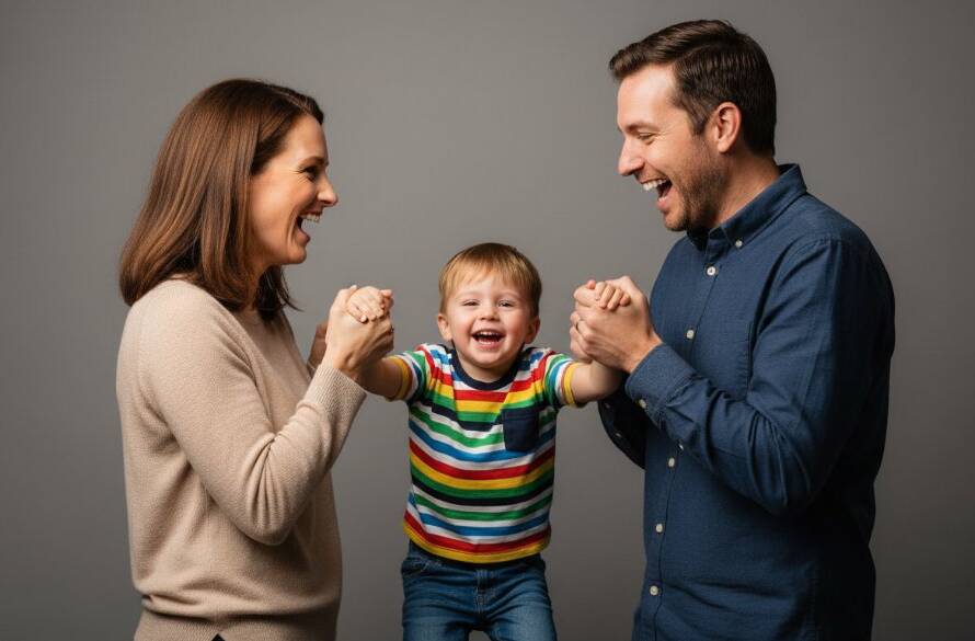 An emotionally charged, professional studio photograph capturing a family's joyous laughter during a Canterbury Victoria professional studio photography for vibrant family portraits session. A young child is playfully lifted high by their parents against a softly lit backdrop, all beaming with authentic smiles, showcasing love and connection in a cinematic, colour-graded style.