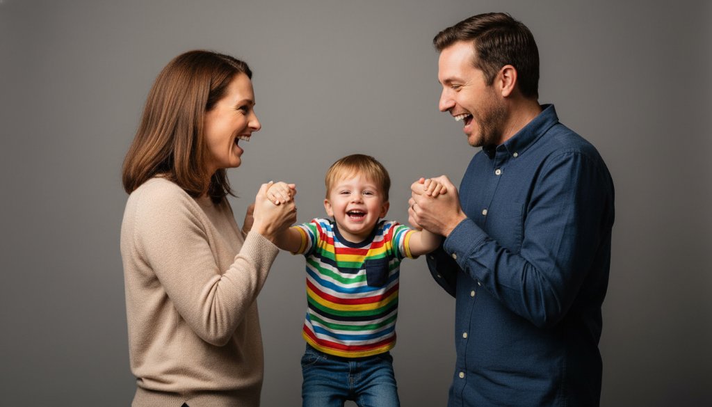 An emotionally charged, professional studio photograph capturing a family's joyous laughter during a Canterbury Victoria professional studio photography for vibrant family portraits session. A young child is playfully lifted high by their parents against a softly lit backdrop, all beaming with authentic smiles, showcasing love and connection in a cinematic, colour-graded style.