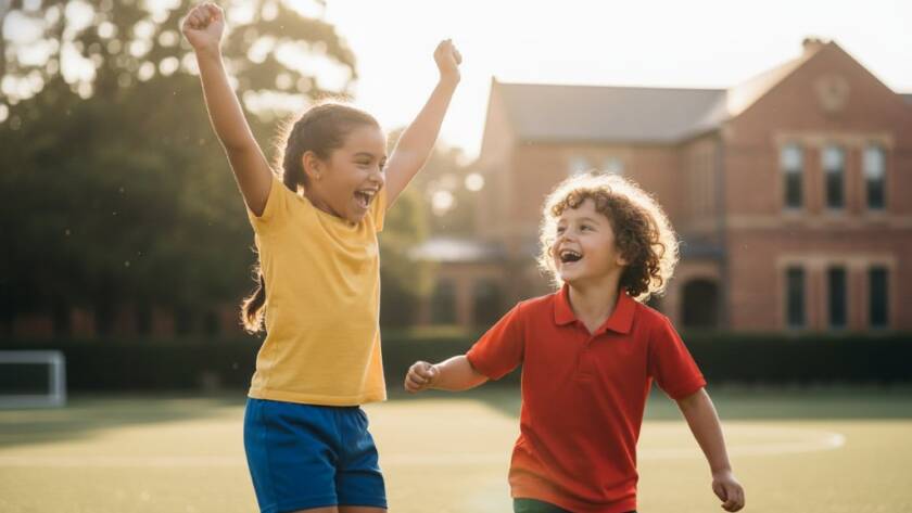 An inspiring, cinematically lit photograph capturing a genuine, candid moment of joy and connection between a small group of primary school children laughing together outdoors on a sunny day in a leafy Canterbury, Victoria park, embodying the spirit of Canterbury Victoria school photography candid moments.
