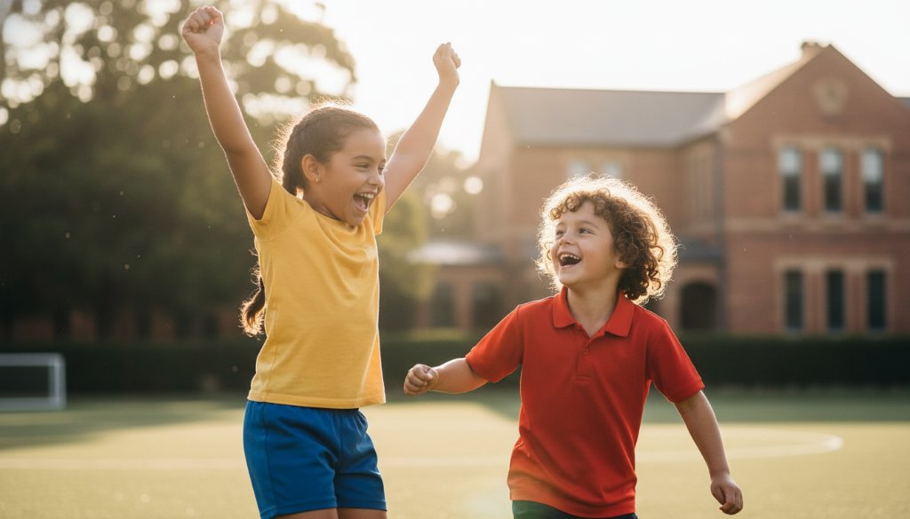 An inspiring, cinematically lit photograph capturing a genuine, candid moment of joy and connection between a small group of primary school children laughing together outdoors on a sunny day in a leafy Canterbury, Victoria park, embodying the spirit of Canterbury Victoria school photography candid moments.