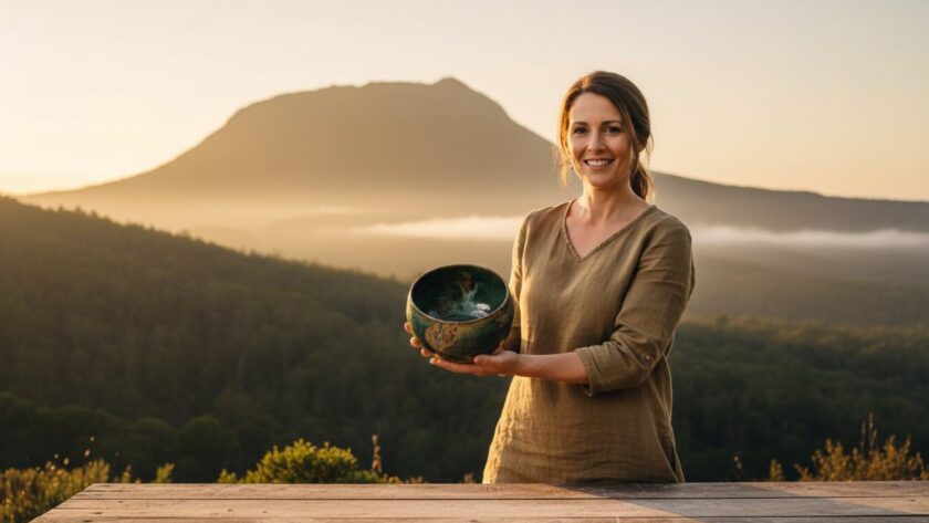 Dramatic, professionally colour-graded photograph showcasing captivating advertising imagery for a Macedon Victoria business, featuring a local artisan's handcrafted product bathed in golden hour light with Mount Macedon in the background, conveying authenticity and quality.