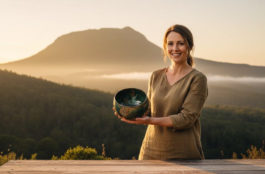 Dramatic, professionally colour-graded photograph showcasing captivating advertising imagery for a Macedon Victoria business, featuring a local artisan's handcrafted product bathed in golden hour light with Mount Macedon in the background, conveying authenticity and quality.