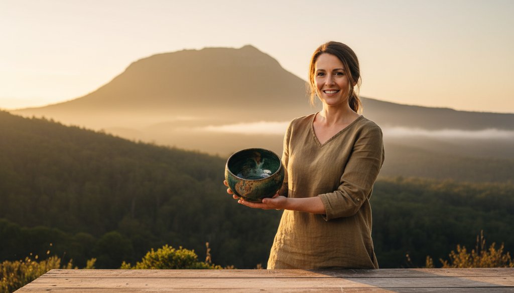 Dramatic, professionally colour-graded photograph showcasing captivating advertising imagery for a Macedon Victoria business, featuring a local artisan's handcrafted product bathed in golden hour light with Mount Macedon in the background, conveying authenticity and quality.