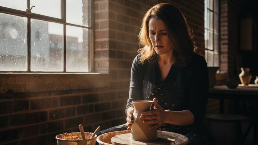 An epic moment of a local Kingsville business owner proudly presenting their artisanal product, lit dramatically by golden hour sun streaming into a rustic, stylish shopfront in Kingsville, Victoria, captured by professional captivating advertising photography, showcasing meticulous detail and brand story.