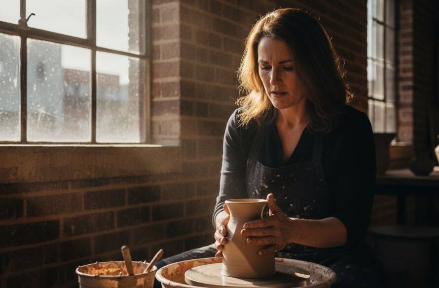 An epic moment of a local Kingsville business owner proudly presenting their artisanal product, lit dramatically by golden hour sun streaming into a rustic, stylish shopfront in Kingsville, Victoria, captured by professional captivating advertising photography, showcasing meticulous detail and brand story.