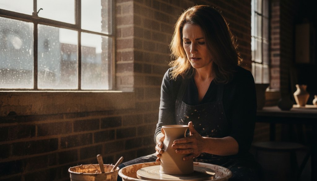 An epic moment of a local Kingsville business owner proudly presenting their artisanal product, lit dramatically by golden hour sun streaming into a rustic, stylish shopfront in Kingsville, Victoria, captured by professional captivating advertising photography, showcasing meticulous detail and brand story.