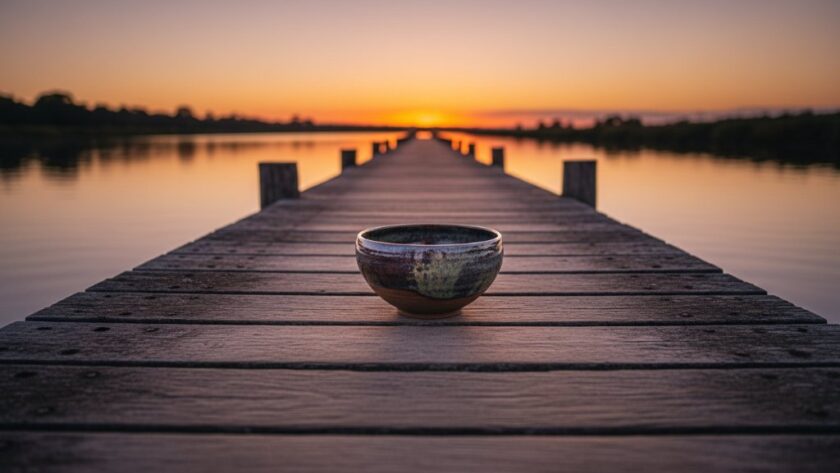 Captivating Bairnsdale Product Photography for Local Artisans: A dramatically lit, professionally colour-graded shot of a handmade ceramic mug from a local Bairnsdale artisan, artfully positioned on a rustic timber surface with the shimmering Mitchell River and a vibrant sunset in the soft-focus background, evoking the region's natural beauty.