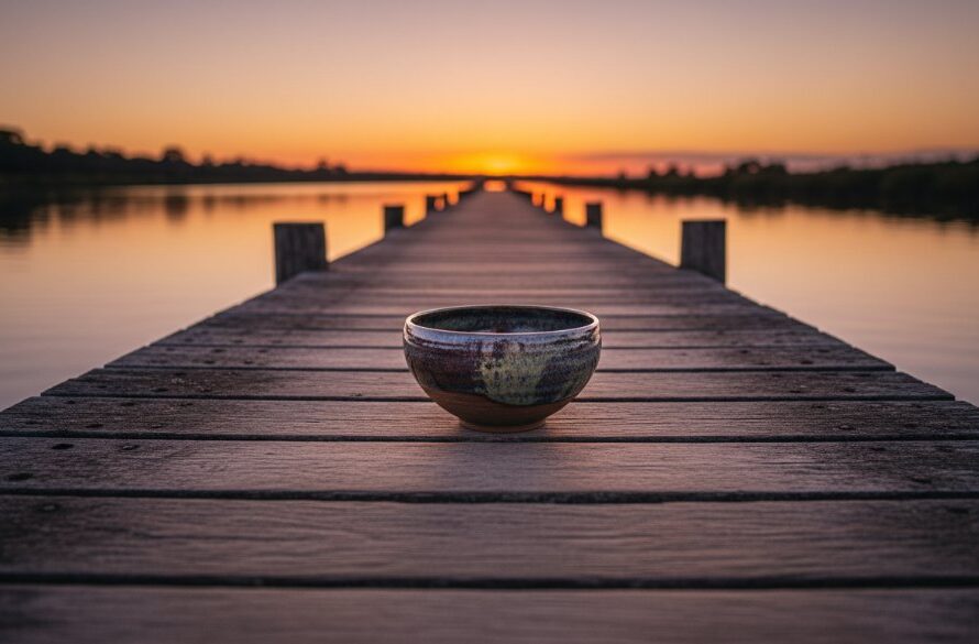 Captivating Bairnsdale Product Photography for Local Artisans: A dramatically lit, professionally colour-graded shot of a handmade ceramic mug from a local Bairnsdale artisan, artfully positioned on a rustic timber surface with the shimmering Mitchell River and a vibrant sunset in the soft-focus background, evoking the region's natural beauty.