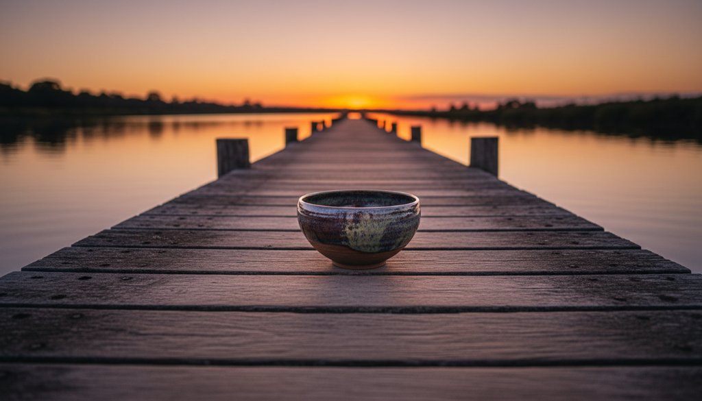 Captivating Bairnsdale Product Photography for Local Artisans: A dramatically lit, professionally colour-graded shot of a handmade ceramic mug from a local Bairnsdale artisan, artfully positioned on a rustic timber surface with the shimmering Mitchell River and a vibrant sunset in the soft-focus background, evoking the region's natural beauty.