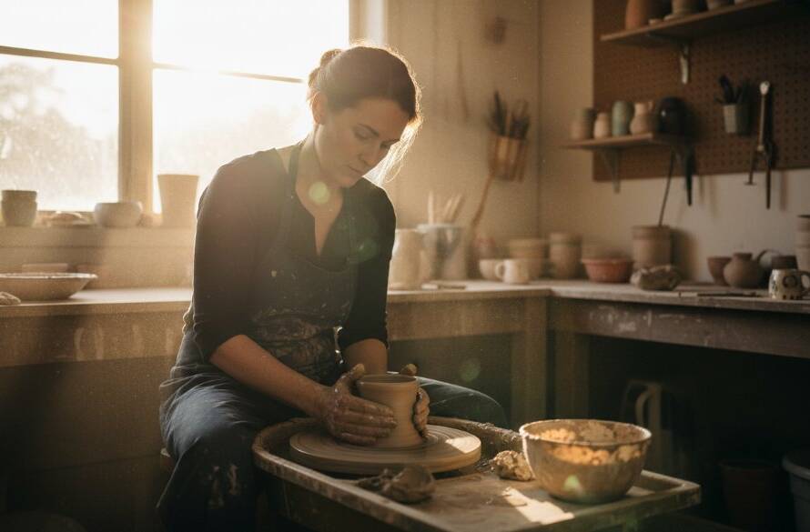 An inspiring shot of a local artisan in Boronia's Dandenong Ranges foothills, meticulously crafting a unique product, showcasing captivating Boronia editorial photography storytelling with dramatic, warm sunlight highlighting the intricate details of their work, capturing an authentic and powerful epic moment.