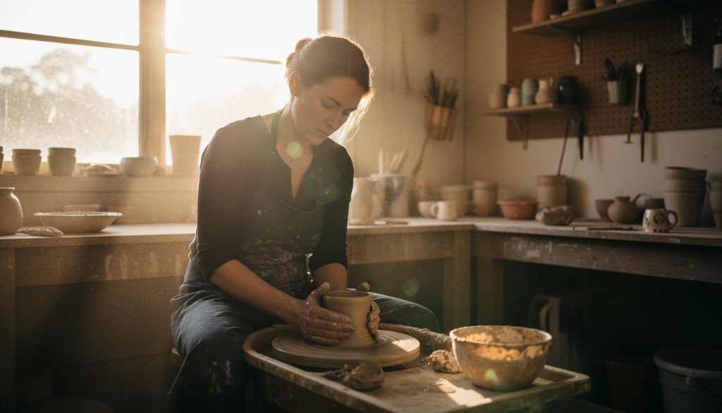 An inspiring shot of a local artisan in Boronia's Dandenong Ranges foothills, meticulously crafting a unique product, showcasing captivating Boronia editorial photography storytelling with dramatic, warm sunlight highlighting the intricate details of their work, capturing an authentic and powerful epic moment.