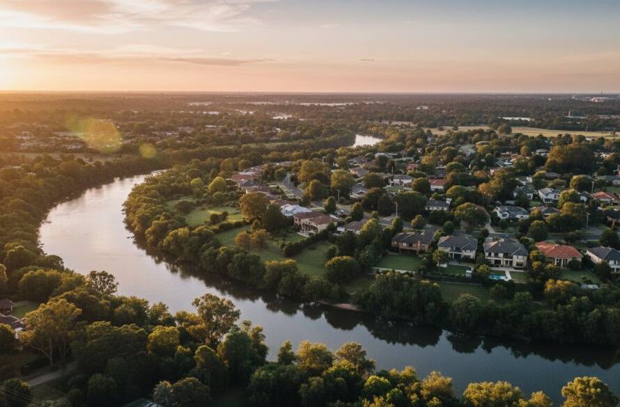 Dramatic aerial view of the Yarra River winding through Bulleen at sunset, showcasing residential areas and green spaces under a golden light, captured with captivating Bulleen drone photography.