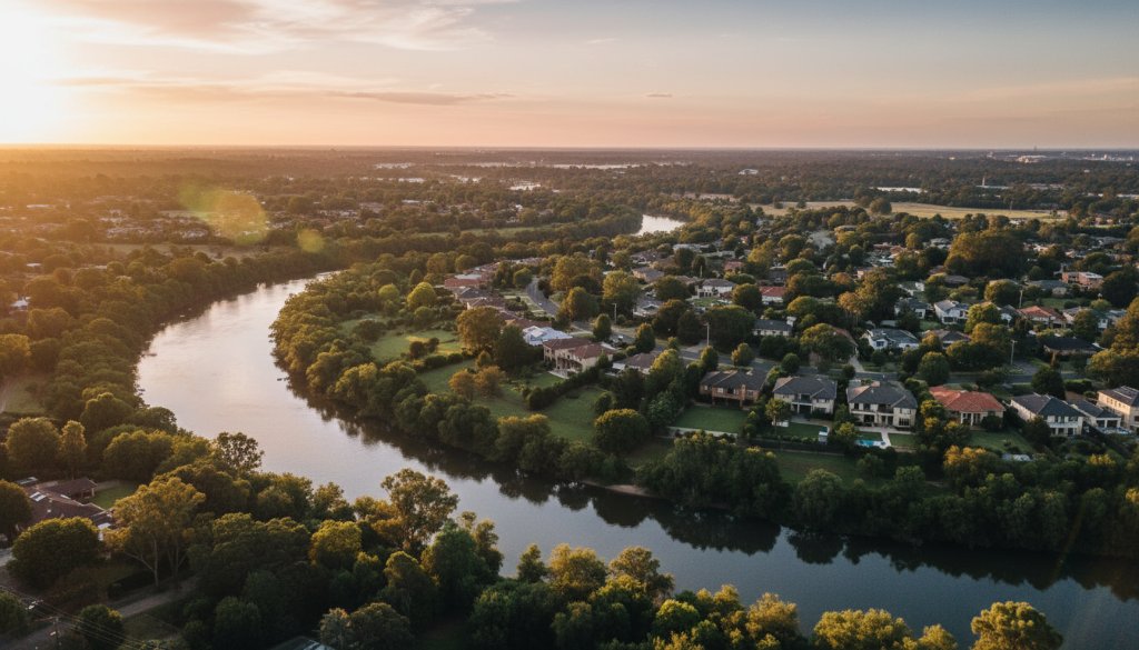 Dramatic aerial view of the Yarra River winding through Bulleen at sunset, showcasing residential areas and green spaces under a golden light, captured with captivating Bulleen drone photography.