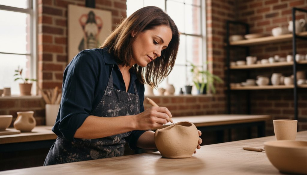 Dynamic wide-angle shot showcasing captivating Burnside Victoria branding photography: a local artisan proudly presenting their handcrafted product in a sun-drenched Burnside studio, with dramatic backlighting and a focus on their passionate expression, professionally colour-graded.