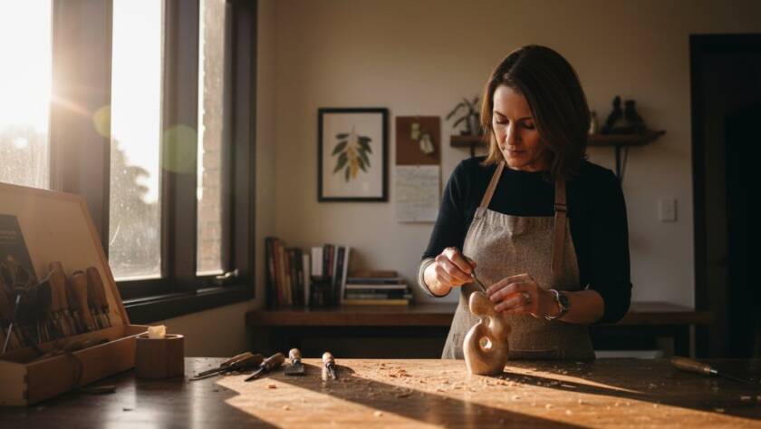 An epic moment of a local Burwood East artisan meticulously crafting bespoke goods in their sunlit studio, captured with dramatic flair and professional colour grading, showcasing captivating Burwood East editorial photography for local businesses.