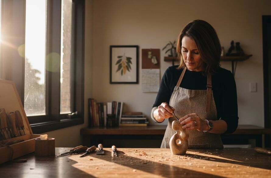 An epic moment of a local Burwood East artisan meticulously crafting bespoke goods in their sunlit studio, captured with dramatic flair and professional colour grading, showcasing captivating Burwood East editorial photography for local businesses.