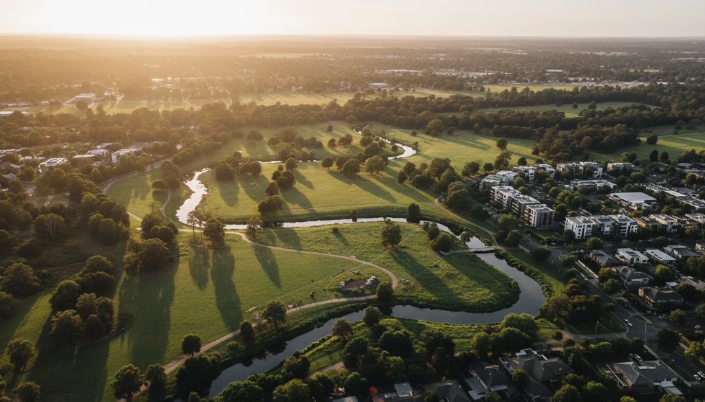 A breathtaking golden hour drone photograph showcasing the vibrant urban landscape of Burwood, Victoria, Australia, capturing the essence of 'Captivating Burwood Victoria Drone Photography Aerials' with dramatic light highlighting local architecture and lush greenery.