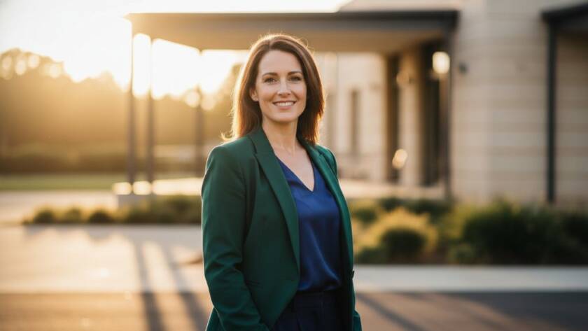 A confident female entrepreneur in Croydon South, captured in a striking outdoor professional portrait at sunset near a heritage building. The image features dramatic backlighting, rich golden hour colours, and a shallow depth of field, highlighting her approachable yet powerful presence. This captivating business headshot for local entrepreneurs perfectly encapsulates success and professionalism.