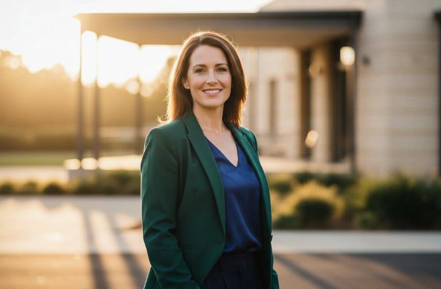 A confident female entrepreneur in Croydon South, captured in a striking outdoor professional portrait at sunset near a heritage building. The image features dramatic backlighting, rich golden hour colours, and a shallow depth of field, highlighting her approachable yet powerful presence. This captivating business headshot for local entrepreneurs perfectly encapsulates success and professionalism.