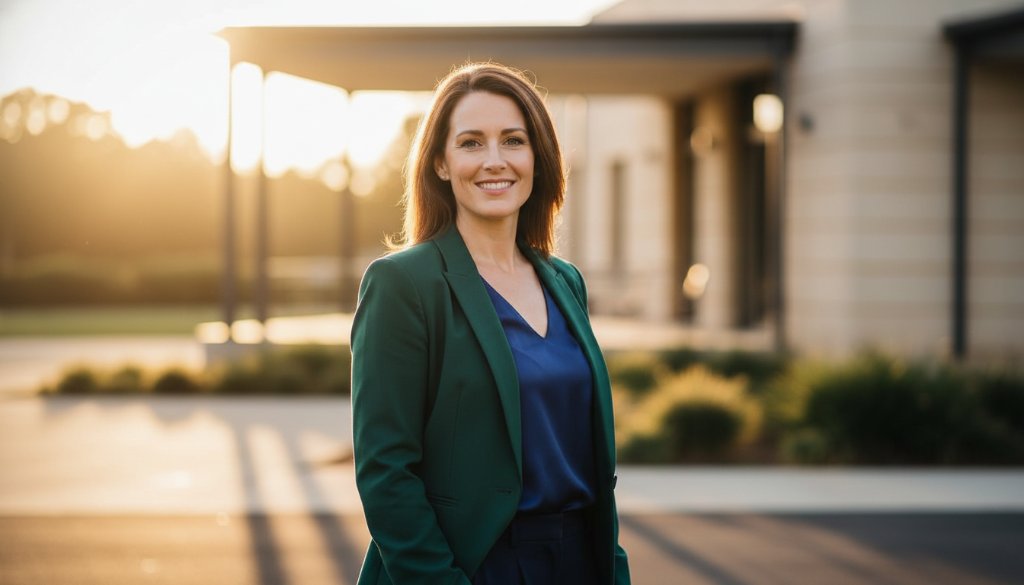 A confident female entrepreneur in Croydon South, captured in a striking outdoor professional portrait at sunset near a heritage building. The image features dramatic backlighting, rich golden hour colours, and a shallow depth of field, highlighting her approachable yet powerful presence. This captivating business headshot for local entrepreneurs perfectly encapsulates success and professionalism.