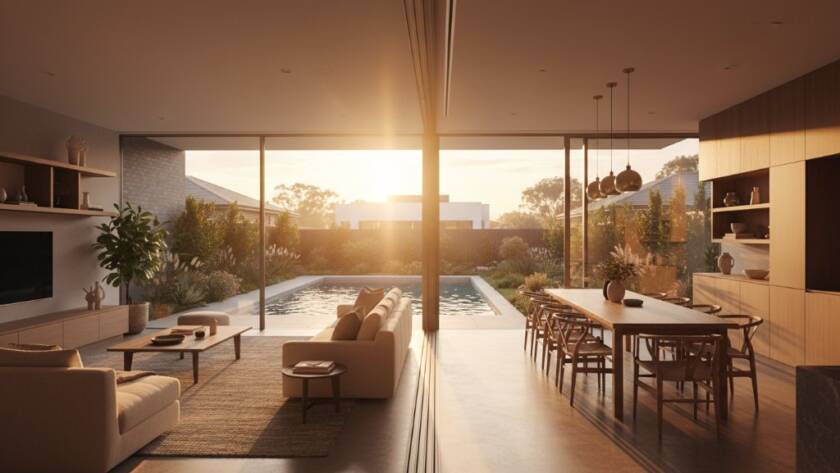 A wide-angle, cinematic photograph showcasing a modern, light-filled living room in Chelsea Heights, Victoria, Australia, bathed in golden hour sunlight streaming through large windows, creating dramatic shadows and highlights. The scene epitomizes captivating Chelsea Heights real estate photography for premium listings, with meticulously styled interior design and a stunning view of a nearby park through the window, professionally color-graded with a warm, inviting tone.