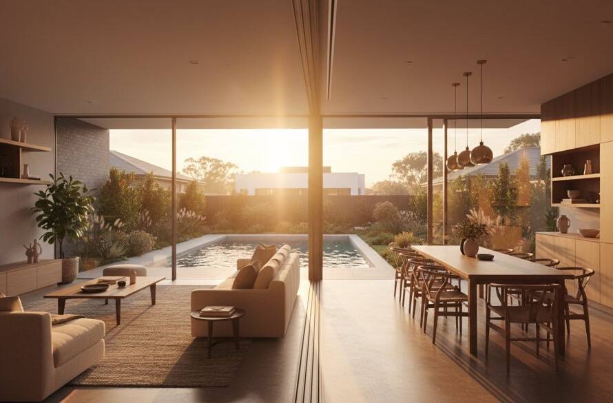 A wide-angle, cinematic photograph showcasing a modern, light-filled living room in Chelsea Heights, Victoria, Australia, bathed in golden hour sunlight streaming through large windows, creating dramatic shadows and highlights. The scene epitomizes captivating Chelsea Heights real estate photography for premium listings, with meticulously styled interior design and a stunning view of a nearby park through the window, professionally color-graded with a warm, inviting tone.