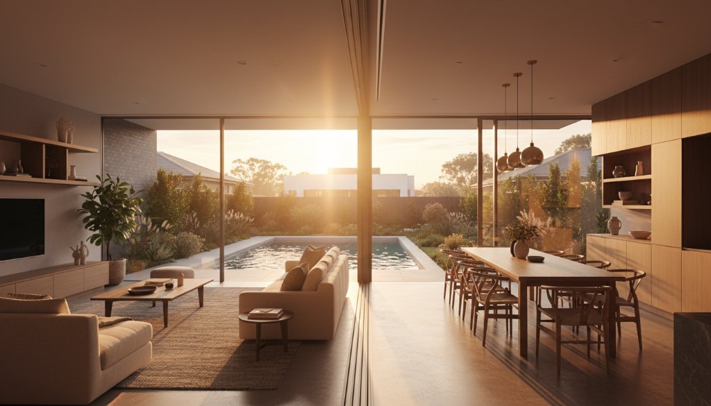 A wide-angle, cinematic photograph showcasing a modern, light-filled living room in Chelsea Heights, Victoria, Australia, bathed in golden hour sunlight streaming through large windows, creating dramatic shadows and highlights. The scene epitomizes captivating Chelsea Heights real estate photography for premium listings, with meticulously styled interior design and a stunning view of a nearby park through the window, professionally color-graded with a warm, inviting tone.