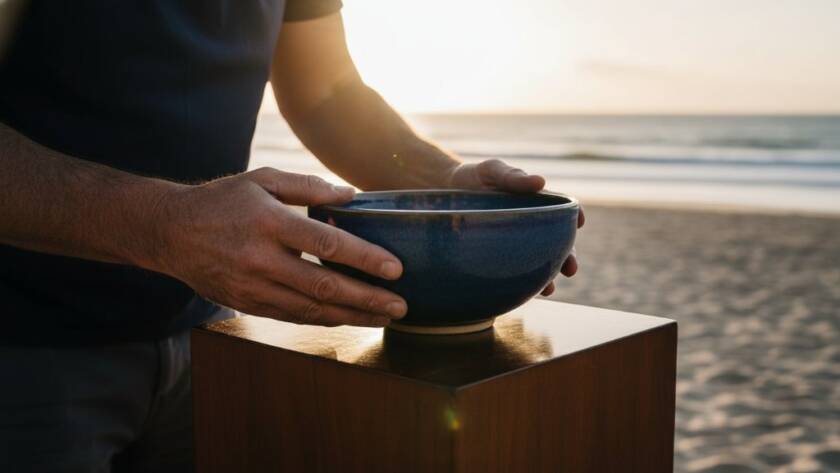 A dramatic close-up of a handcrafted ceramic vase, beautifully lit with soft, golden hour light reflecting off its glaze, showcasing the intricate detail and artisan quality. The vase is placed on a weathered wooden table with a blurred backdrop of Chelsea beach dunes at sunset, creating an 'epic moment' of serene artistry. This captivating Chelsea VIC artisan product photography emphasizes luxury and craftsmanship.