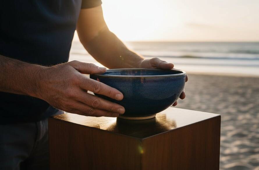 A dramatic close-up of a handcrafted ceramic vase, beautifully lit with soft, golden hour light reflecting off its glaze, showcasing the intricate detail and artisan quality. The vase is placed on a weathered wooden table with a blurred backdrop of Chelsea beach dunes at sunset, creating an 'epic moment' of serene artistry. This captivating Chelsea VIC artisan product photography emphasizes luxury and craftsmanship.