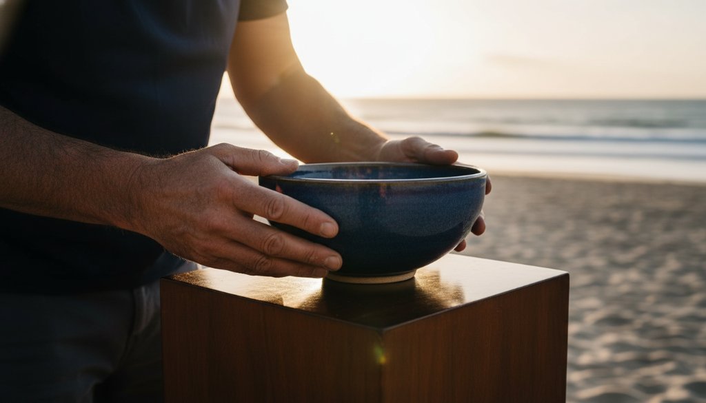 A dramatic close-up of a handcrafted ceramic vase, beautifully lit with soft, golden hour light reflecting off its glaze, showcasing the intricate detail and artisan quality. The vase is placed on a weathered wooden table with a blurred backdrop of Chelsea beach dunes at sunset, creating an 'epic moment' of serene artistry. This captivating Chelsea VIC artisan product photography emphasizes luxury and craftsmanship.