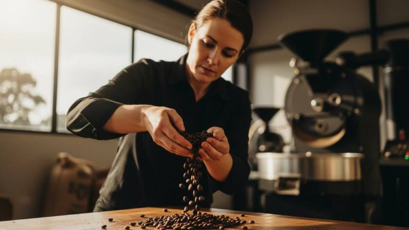 Dramatic professional photograph capturing a local Clyde North cafe owner proudly presenting a meticulously crafted latte, bathed in soft morning light, showcasing the quality and passion behind captivating Clyde North advertising photography for local businesses.