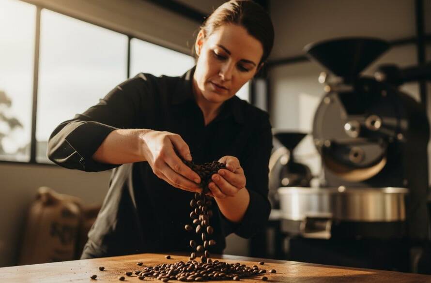Dramatic professional photograph capturing a local Clyde North cafe owner proudly presenting a meticulously crafted latte, bathed in soft morning light, showcasing the quality and passion behind captivating Clyde North advertising photography for local businesses.