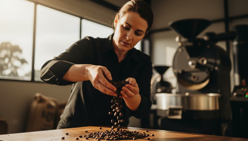 Dramatic professional photograph capturing a local Clyde North cafe owner proudly presenting a meticulously crafted latte, bathed in soft morning light, showcasing the quality and passion behind captivating Clyde North advertising photography for local businesses.