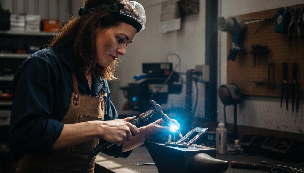 Dramatic, professional photograph showcasing the vibrant energy of a local artisan in Bayswater North, expertly crafting bespoke goods, with dynamic studio lighting highlighting intricate details and the passion behind their craft. This image embodies captivating commercial photography Bayswater North businesses need to showcase their unique story.