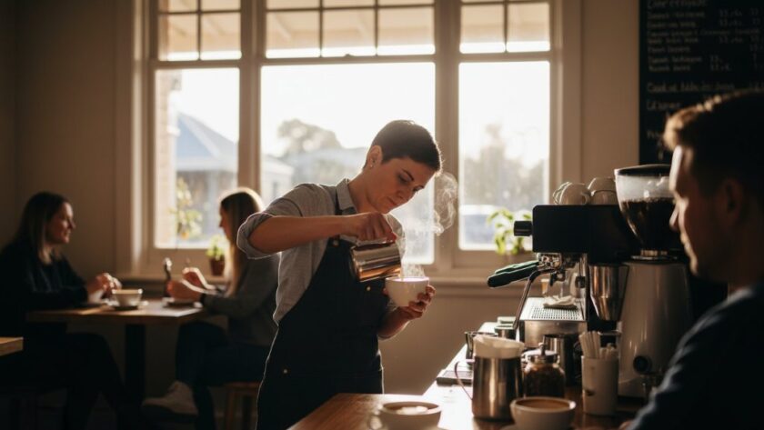 An aerial, cinematic shot capturing the essence of Gisborne, Victoria, showing a vibrant local cafe with a barista expertly crafting a coffee, bathed in warm morning light, embodying captivating commercial photography Gisborne Victoria businesses, conveying community and craft.