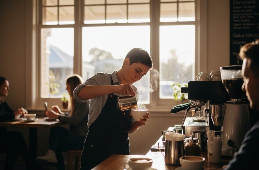 An aerial, cinematic shot capturing the essence of Gisborne, Victoria, showing a vibrant local cafe with a barista expertly crafting a coffee, bathed in warm morning light, embodying captivating commercial photography Gisborne Victoria businesses, conveying community and craft.