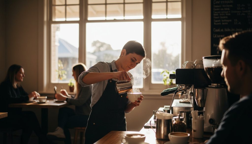 An aerial, cinematic shot capturing the essence of Gisborne, Victoria, showing a vibrant local cafe with a barista expertly crafting a coffee, bathed in warm morning light, embodying captivating commercial photography Gisborne Victoria businesses, conveying community and craft.
