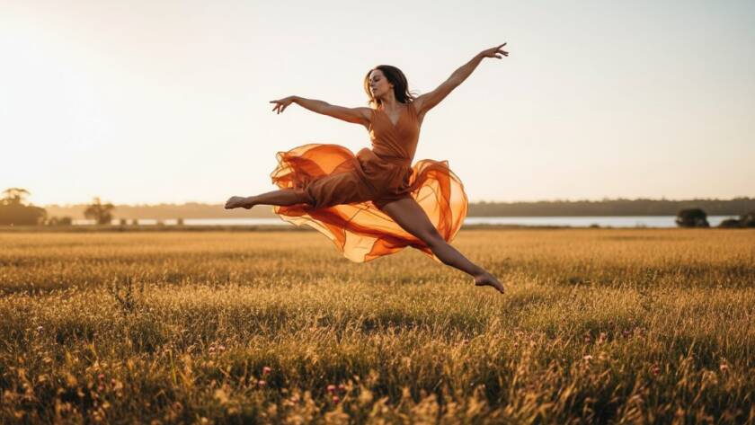 A male contemporary dancer in mid-air, bathed in dramatic golden hour light, executing an expressive leap in a natural outdoor setting near Cairnlea Park, perfectly showcasing captivating contemporary dance photography Cairnlea.