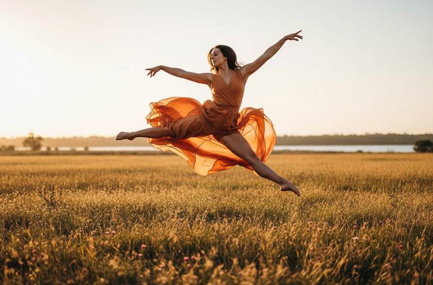 A male contemporary dancer in mid-air, bathed in dramatic golden hour light, executing an expressive leap in a natural outdoor setting near Cairnlea Park, perfectly showcasing captivating contemporary dance photography Cairnlea.