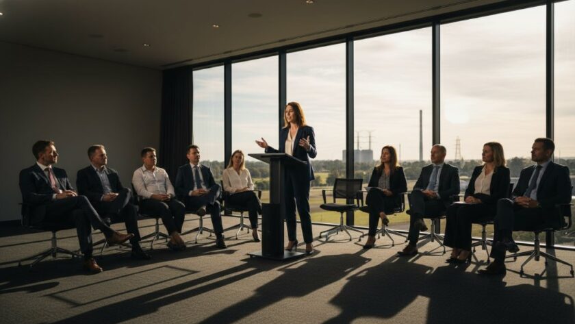 A dynamic, wide-angle shot of a successful business professional, mid-presentation, bathed in dramatic, warm light inside a modern Morwell conference centre, illustrating captivating corporate branding photography Morwell businesses need.