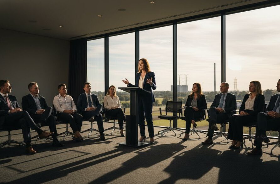 A dynamic, wide-angle shot of a successful business professional, mid-presentation, bathed in dramatic, warm light inside a modern Morwell conference centre, illustrating captivating corporate branding photography Morwell businesses need.