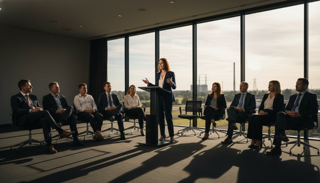 A dynamic, wide-angle shot of a successful business professional, mid-presentation, bathed in dramatic, warm light inside a modern Morwell conference centre, illustrating captivating corporate branding photography Morwell businesses need.