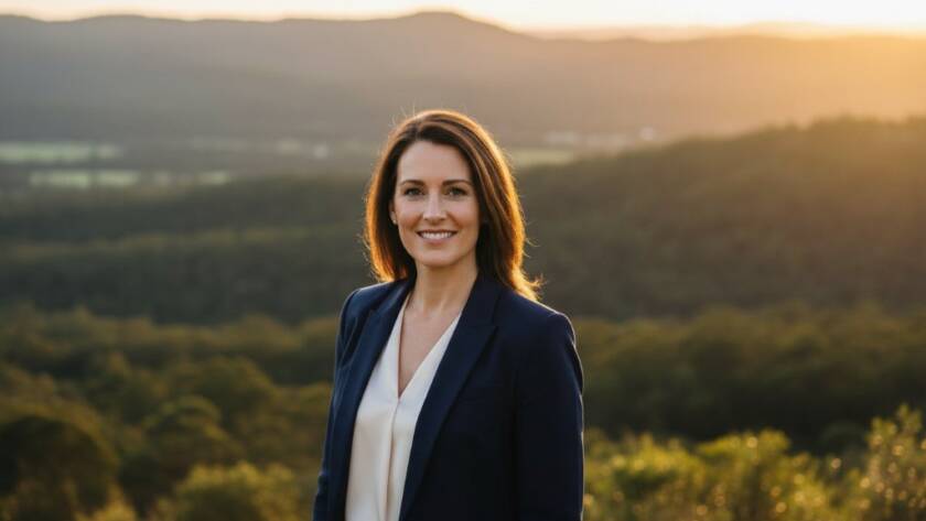 An inspiring, high-angle, cinematic portrait capturing a successful female professional in Upper Ferntree Gully, confidently smiling against a blurred backdrop of lush Dandenong Ranges foliage, symbolising growth and achievement, ideal for captivating corporate headshots Upper Ferntree Gully professionals seek. Dramatic golden hour lighting, sharp focus on the subject's face, conveying approachability and strength.