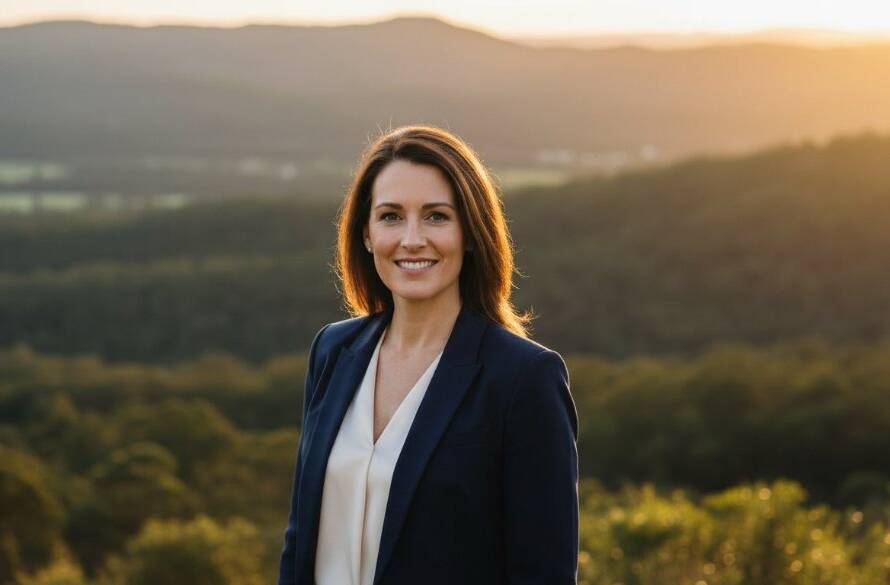 An inspiring, high-angle, cinematic portrait capturing a successful female professional in Upper Ferntree Gully, confidently smiling against a blurred backdrop of lush Dandenong Ranges foliage, symbolising growth and achievement, ideal for captivating corporate headshots Upper Ferntree Gully professionals seek. Dramatic golden hour lighting, sharp focus on the subject's face, conveying approachability and strength.