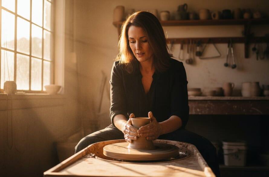 An inspiring overhead shot showing a local business owner in Croydon Hills, surrounded by their bespoke products, bathed in golden hour light, reflecting the strength of their brand through Captivating Croydon Hills Business Branding Photography.