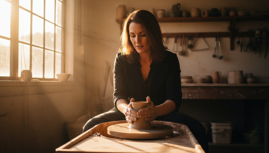 An inspiring overhead shot showing a local business owner in Croydon Hills, surrounded by their bespoke products, bathed in golden hour light, reflecting the strength of their brand through Captivating Croydon Hills Business Branding Photography.