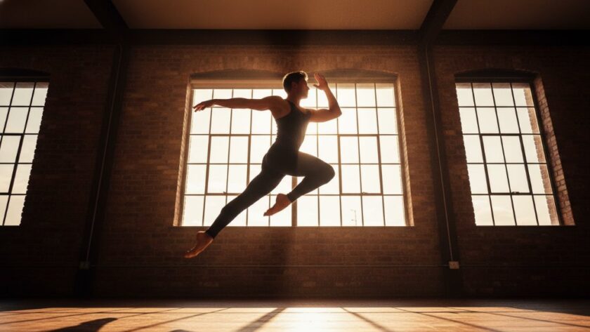 A stunning wide-angle shot showcasing captivating dance photography in Delacombe Victoria, featuring a male contemporary dancer mid-air in a powerful leap against a dramatically lit, industrial-style studio backdrop in Delacombe, capturing an epic moment of athletic grace and artistic expression with dynamic motion blur.